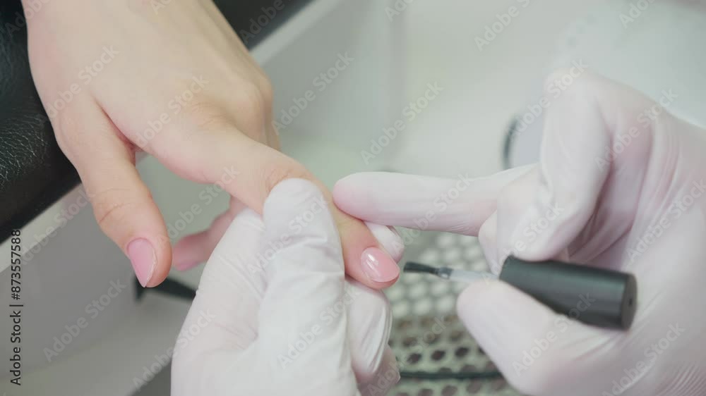 Manicure process in a beauty SPA salon close up. Professional manicurist in gloves paint nails with natural gel polish in luxury salon. Concept nails and hands care 
