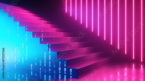 Neon Glow Staircase in Digital Space