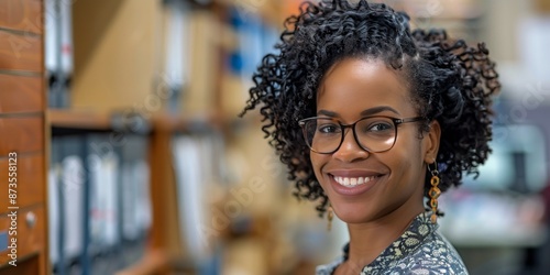 Smiling Woman With Curly Hair Wearing Glasses in Office Setting