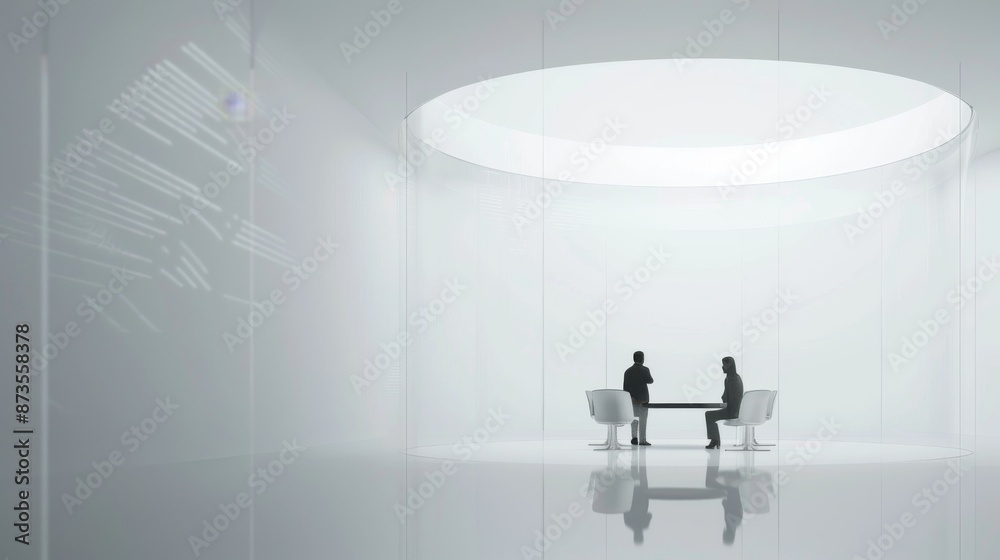 A futuristic business meeting held in a transparent dome suspended in midair where holographic charts and data streams hover around impeccably dressed professionals A futuristic business meeting held in a transparent dome suspended in midair where holographic charts and data streams hover around impeccably dressed professionals