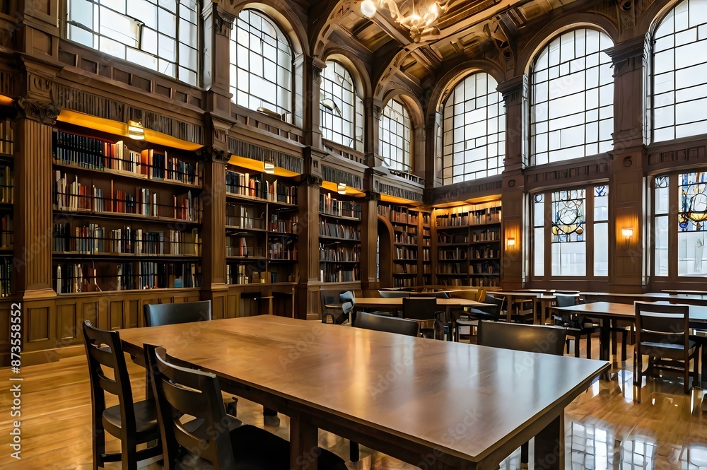 A large and luxurious library with tables and chairs with a large fireplace in the center A large and luxurious library with tables and chairs with a large fireplace in the center