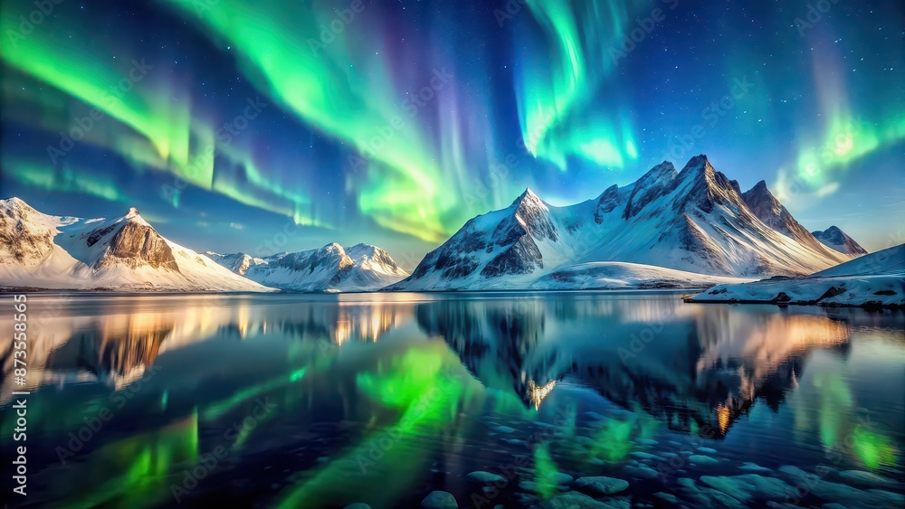 Snow covered mountains in the arctic north with magical northern lights reflecting off the water, snow, mountains, arctic, north Snow covered mountains in the arctic north with magical northern lights reflecting off the water, snow, mountains, arctic, north