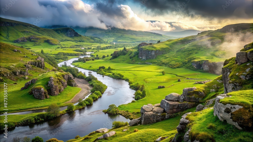 Beautiful Irish countryside landscape with lush green grass, rocky outcroppings, meandering river, and a touch of mystic mist Beautiful Irish countryside landscape with lush green grass, rocky outcroppings, meandering river, and a touch of mystic mist