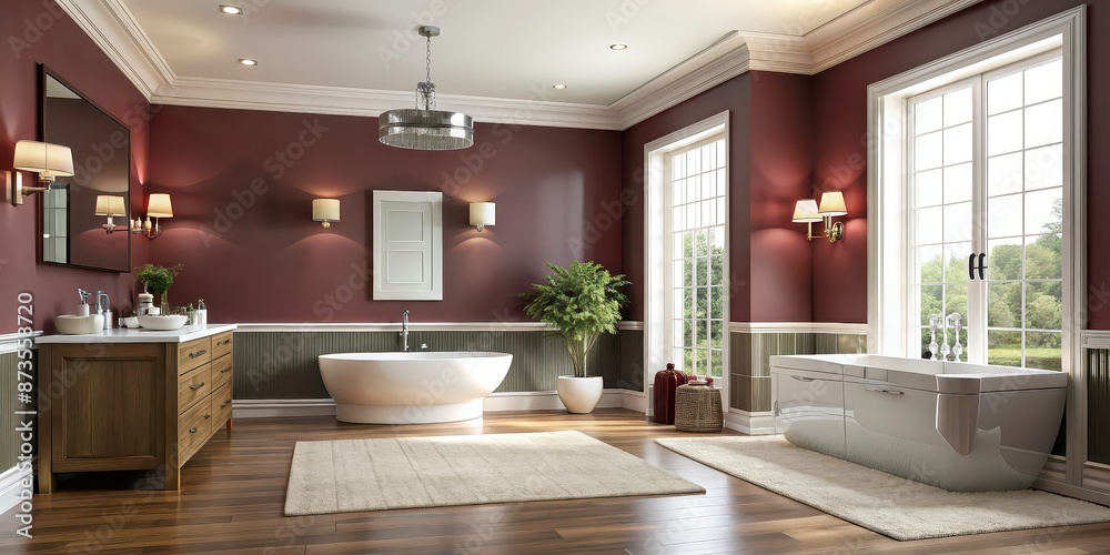 Elegant bathroom retreat with maroon accent wall , luxurious, modern, interior design, relaxation, spa, stylish, contemporary Elegant bathroom retreat with maroon accent wall , luxurious, modern, interior design, relaxation, spa, stylish, contemporary