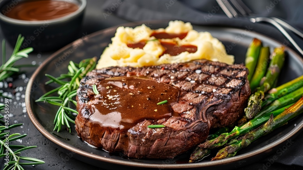 Juicy steak with mashed potatoes, rich gravy, and asparagus, served on a rustic wooden table, isolated background, professional studio lighting, dark background Juicy steak with mashed potatoes, rich gravy, and asparagus, served on a rustic wooden table, isolated background, professional studio lighting, dark background