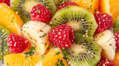 Fresh and colorful fruit salad, featuring kiwis, raspberries, and oranges, close-up, isolated background, studio lighting, sharp clarity, ideal for ads