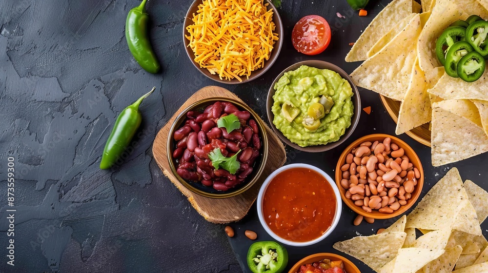Mexican-themed top view food display, guacamole, salsa, beans, jalapenos, chorizo, tortilla chips on wooden board, isolated background, studio lighting, clarity for advertising Mexican-themed top view food display, guacamole, salsa, beans, jalapenos, chorizo, tortilla chips on wooden board, isolated background, studio lighting, clarity for advertising