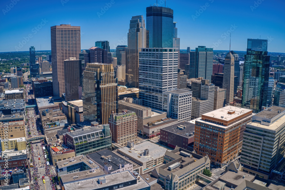 Obraz premium Aerial View of the Minneapolis, Minnesota Skyline during the annual Pride Celebration