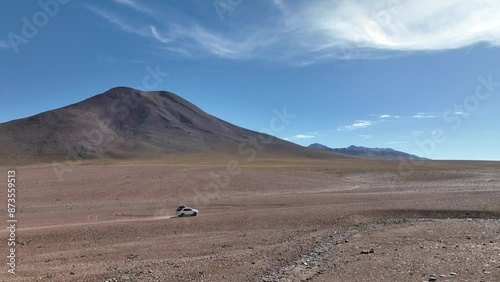Atacama Desert, Chile. Car on the road. Aerial view by drone. photo