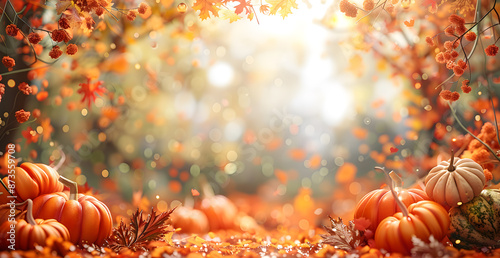 A fall scene with a path of pumpkins and leaves photo