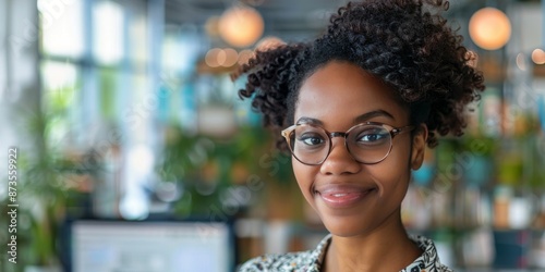 Young Woman With Glasses Smiling in a Modern Office Setting