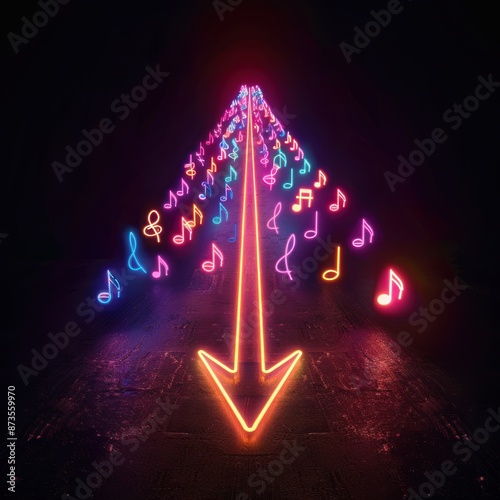 Neon Music Notes Arrow Down