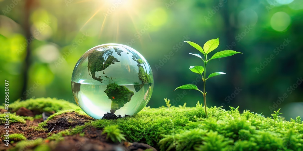 Green glass globe symbolic of world, next to sprouting green plant on moss , environmental conservation, sustainability, earth, globe Green glass globe symbolic of world, next to sprouting green plant on moss , environmental conservation, sustainability, earth, globe