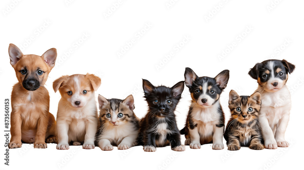 Obraz premium Group of puppies and kittens sitting together, animals friendship concept, isolated on white background
