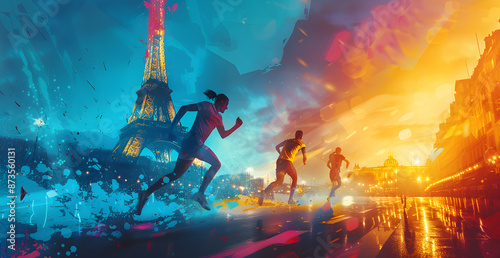 A runner is running in front of the Eiffel Tower photo