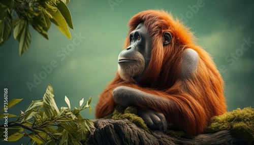 Orangutan sitting thoughtfully flat design side view treetop theme 3D render Complementary Color Scheme photo