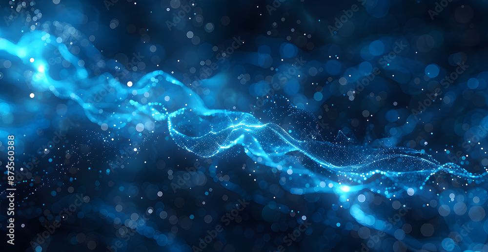 A blue wave of light with a lot of small dots in the background