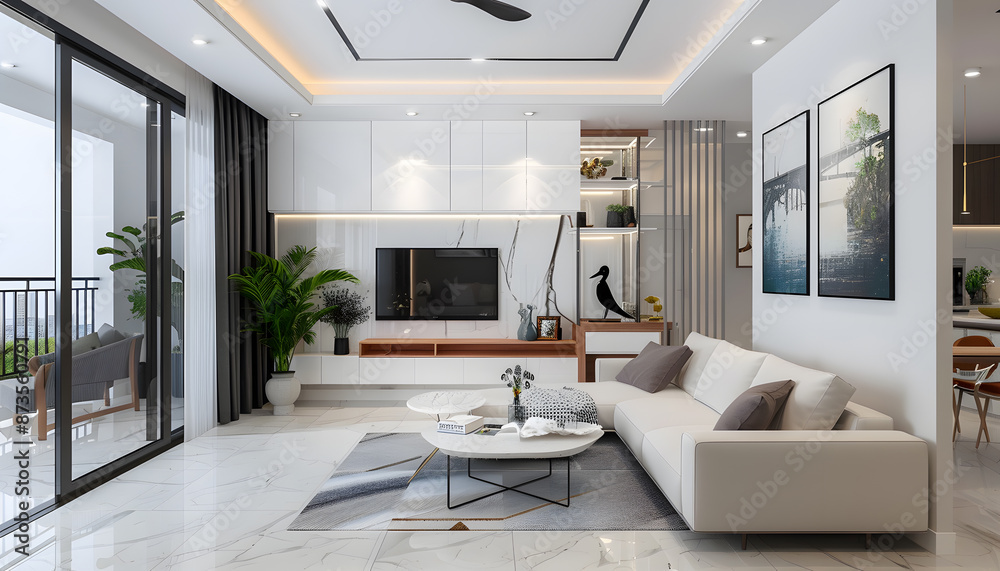 Stylish living room with a white sofa, coffee table, large windows, plants, and TV. It has a minimalist design and contemporary furnishings that create a modern and inviting space Stylish living room with a white sofa, coffee table, large windows, plants, and TV. It has a minimalist design and contemporary furnishings that create a modern and inviting space