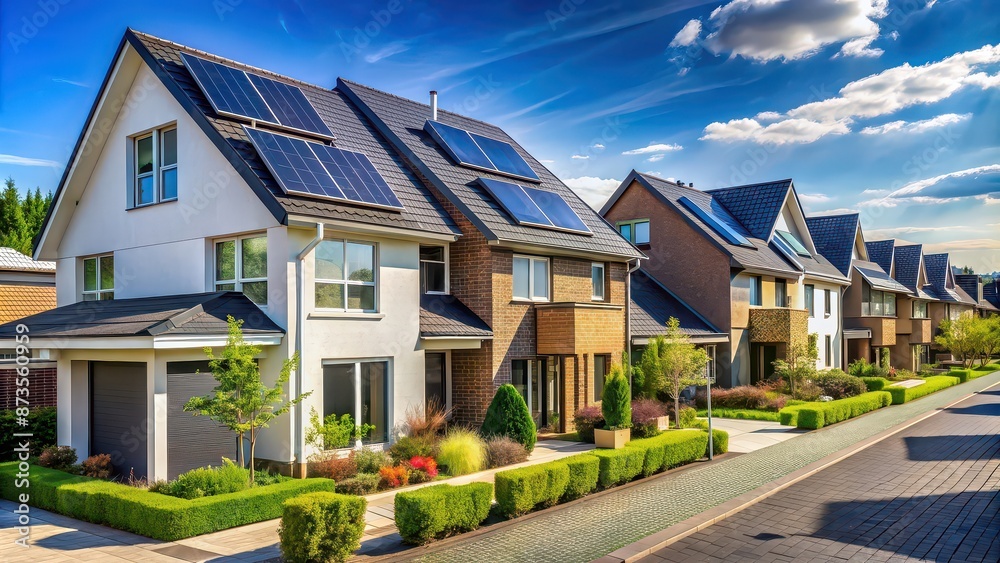 Newly built houses with solar panels in a residential neighborhood, solar panels, renewable energy, eco-friendly Newly built houses with solar panels in a residential neighborhood, solar panels, renewable energy, eco-friendly