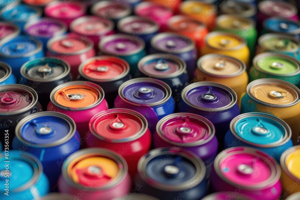 Vibrant collection of spray paint cans captured in a shallow depth of field Vibrant collection of spray paint cans captured in a shallow depth of field