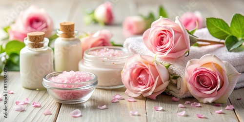 Close-up of natural skincare products with rose flowers, perfect for a home spa treatment, skincare, products © Sujid