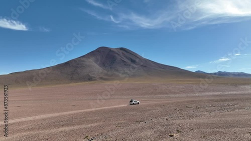 Atacama Desert, Chile. Car on the road. Aerial view by drone. photo
