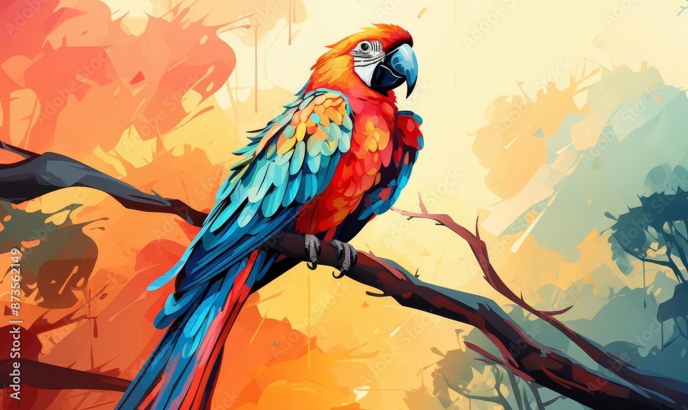 Fototapeta premium Parrot clinging sideways on a branch flat design top view tropical rainforest cartoon drawing colored pastel