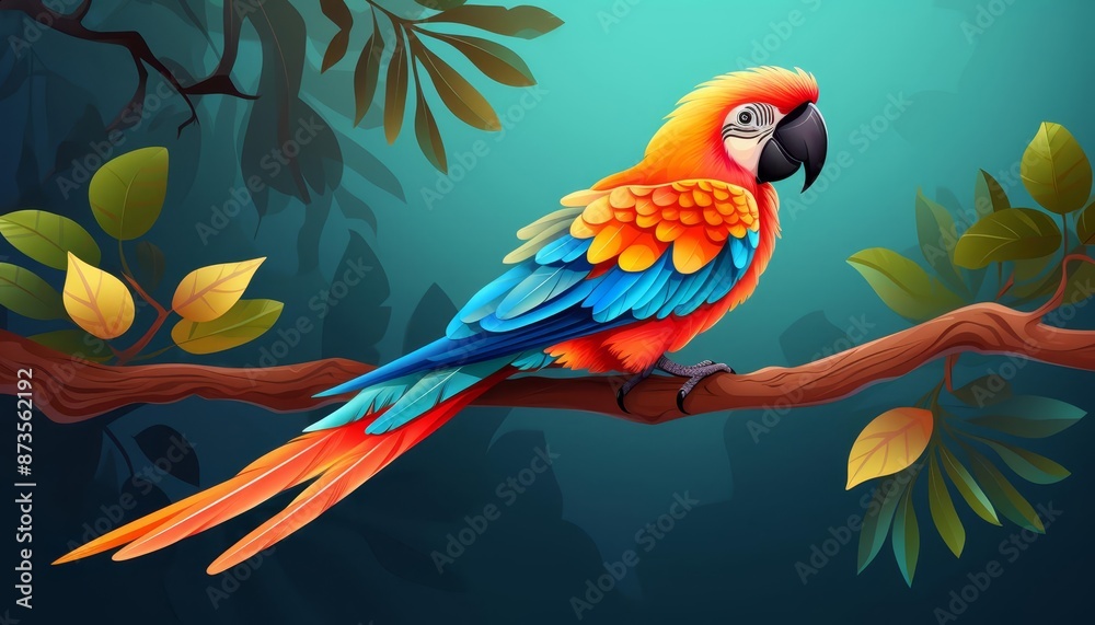 Obraz premium Parrot clinging sideways on a branch flat design top view tropical rainforest cartoon drawing colored pastel