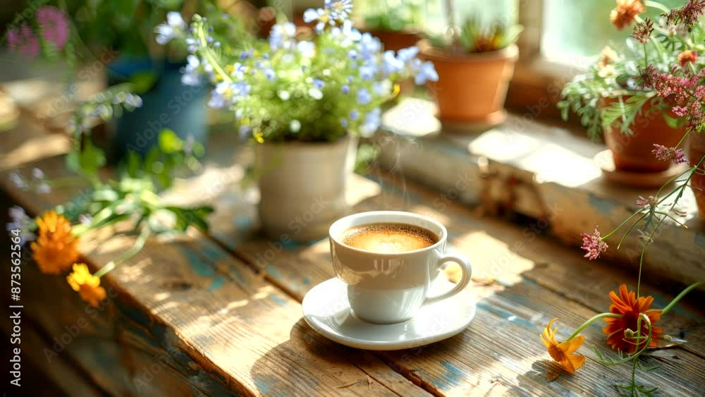 Cup of coffee on wooden table surrounded by flowers in a cozy setting. Morning tranquility concept Cup of coffee on wooden table surrounded by flowers in a cozy setting. Morning tranquility concept