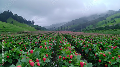 Ripe strawberries on a farm under a blue sky with clouds.