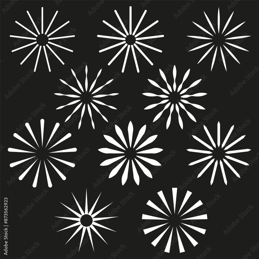 Abstract starburst pattern. Ten unique designs. Black background. Vector illustration. Abstract starburst pattern. Ten unique designs. Black background. Vector illustration.
