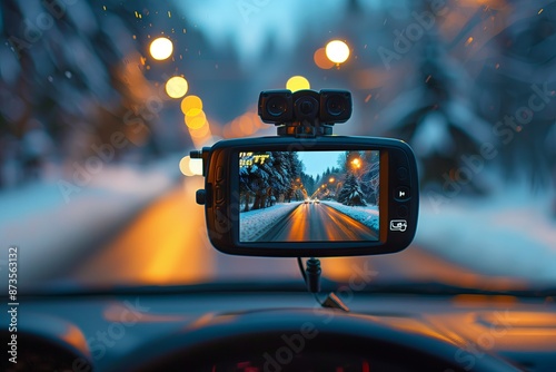 Modern dashboard camera in a car, view of road during driving photo