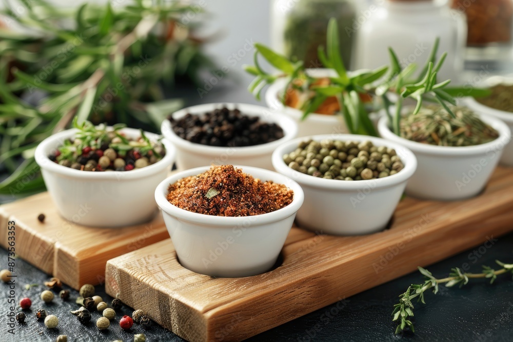 A wooden tray with several white bowls containing various spices. The spices include black pepper, red pepper, and white pepper. The tray is placed on a counter with a black background A wooden tray with several white bowls containing various spices. The spices include black pepper, red pepper, and white pepper. The tray is placed on a counter with a black background