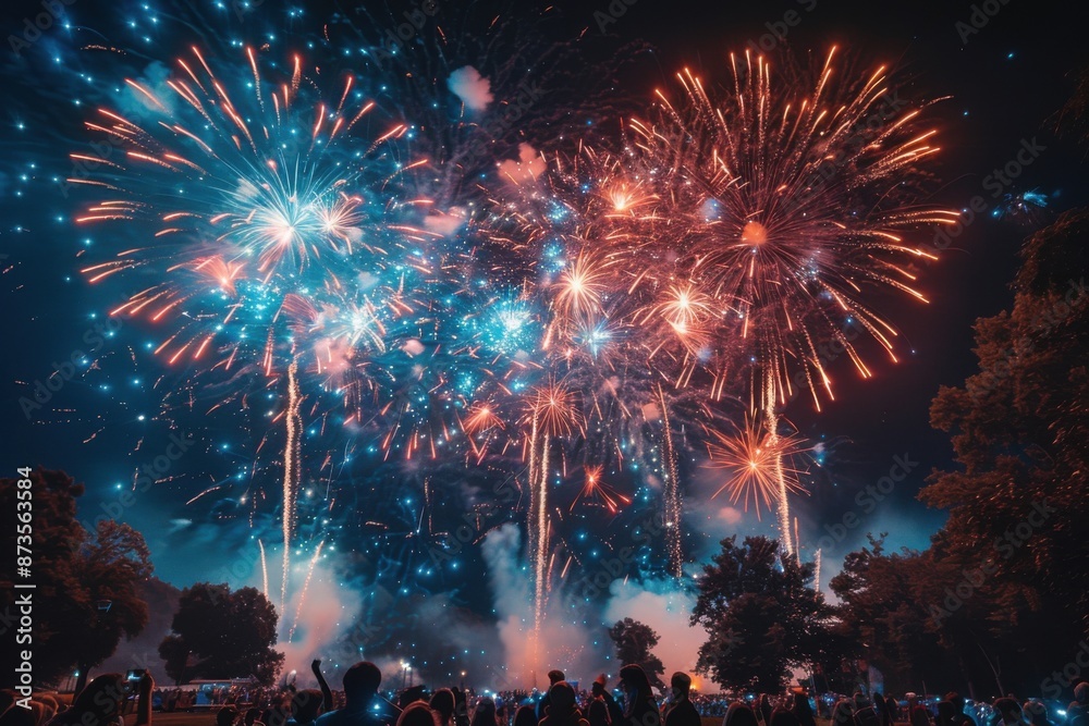 Obraz premium Fireworks are lit up in the night sky above a crowd