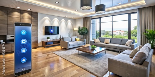 Smart home technology in a modern living room setting with voice-controlled devices, smart home © Sujid