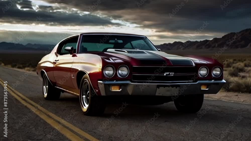Red classic car, parked on the road in an arid place with a cloudy sky in the background, seamless looping 4k animation video background Red classic car, parked on the road in an arid place with a cloudy sky in the background, seamless looping 4k animation video background