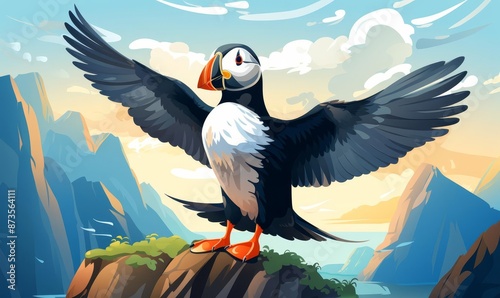 Puffin with wings flapping flat design front view sea cliff theme animation Complementary Color Scheme