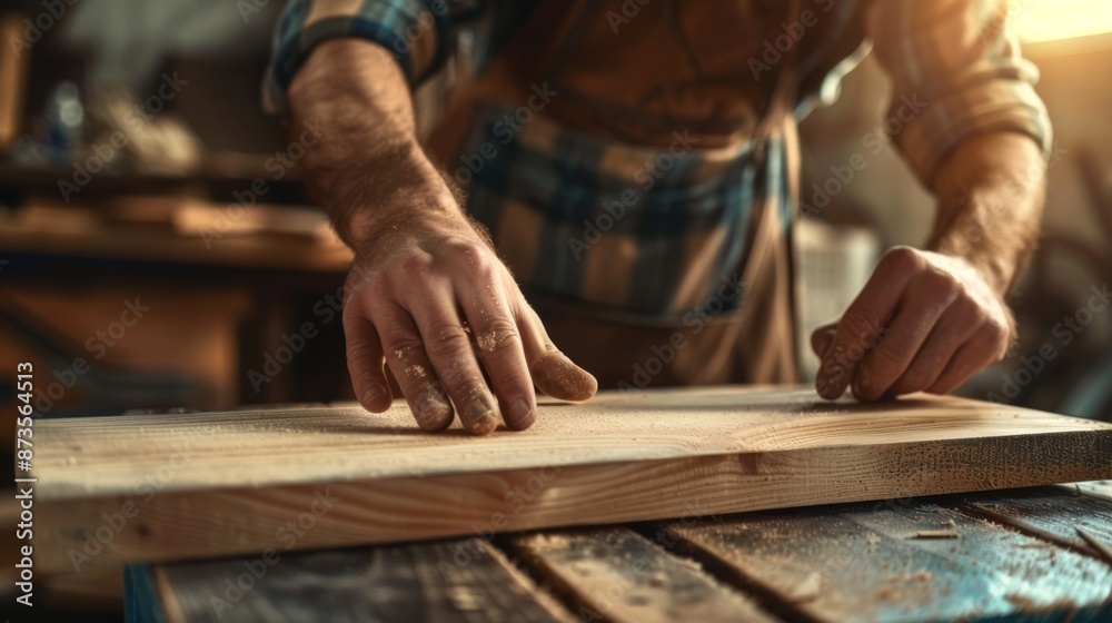 man owner a small furniture business is preparing wood for production. carpenter male is adjust wood to the desired size. architect, designer, Built-in, professional wood, craftsman, workshop. man owner a small furniture business is preparing wood for production. carpenter male is adjust wood to the desired size. architect, designer, Built-in, professional wood, craftsman, workshop.