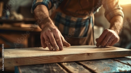 man owner a small furniture business is preparing wood for production. carpenter male is adjust wood to the desired size. architect, designer, Built-in, professional wood, craftsman, workshop. © pinkrabbit