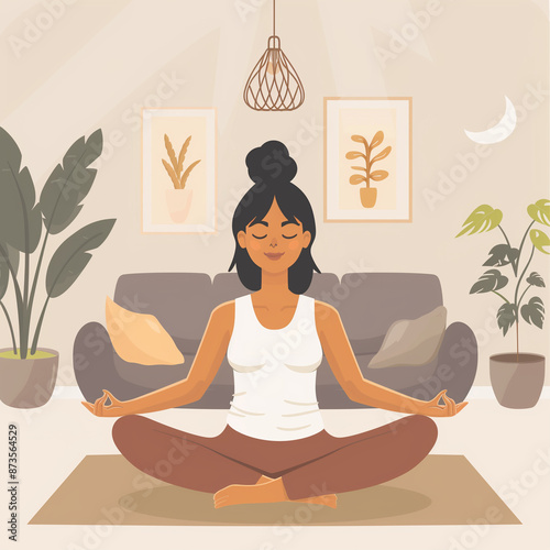 Vector illustration of a young woman meditating in a cozy living room, front view, lotus position, cozy ambient, vector illustration, icon for app, solid light background.