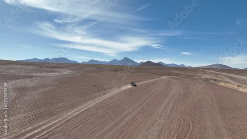 Atacama Desert, Chile. Car on the road. Aerial view by drone. photo