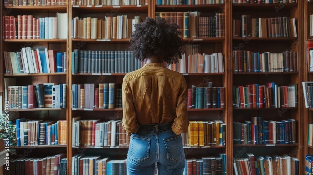 Woman standing in a library with shelves full of books generative ai Woman standing in a library with shelves full of books generative ai