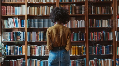Woman standing in a library with shelves full of books generative ai