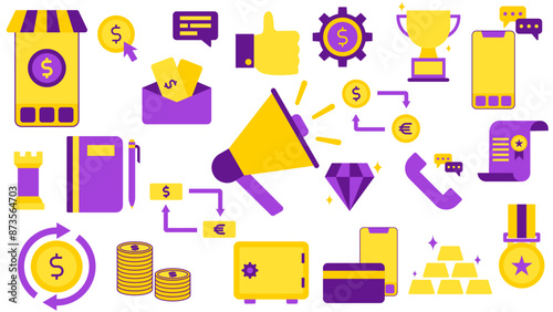 Business Commerce Elements - Store Coin Chat Like System Economy Trophy Smartphone Chess Notebook Salary Megaphone Exchange Money Cash Contract Certificate Coins Strongbox Debit Gold Medal Diamond
