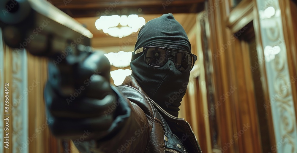 Masked Man With Gun Threatening At Doorway Masked Man With Gun Threatening At Doorway