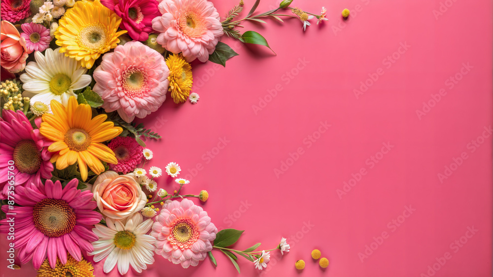 Colorful Flowers on Pink Background with Copy Space Colorful Flowers on Pink Background with Copy Space