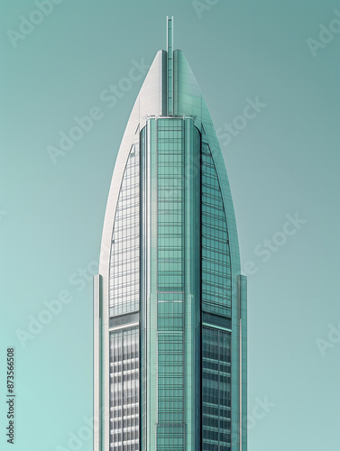 a modern skyscraper with a sleek design against a clear blue sky.