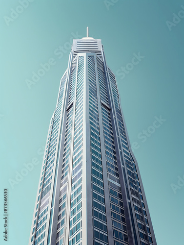 a modern skyscraper with a sleek design against a clear blue sky.