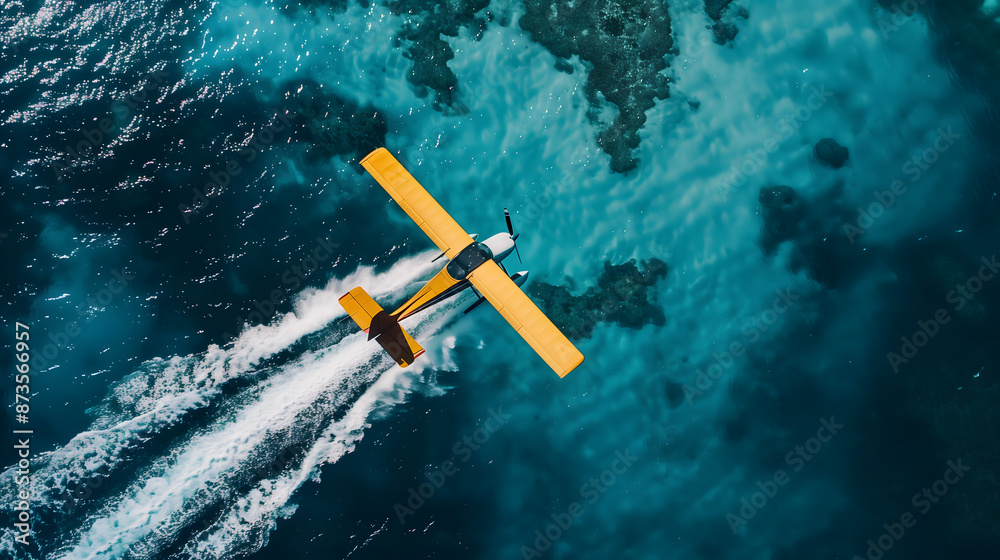 Fototapeta premium Aerial view of a yellow seaplane flying over the blue ocean waters, creating a wake behind it.