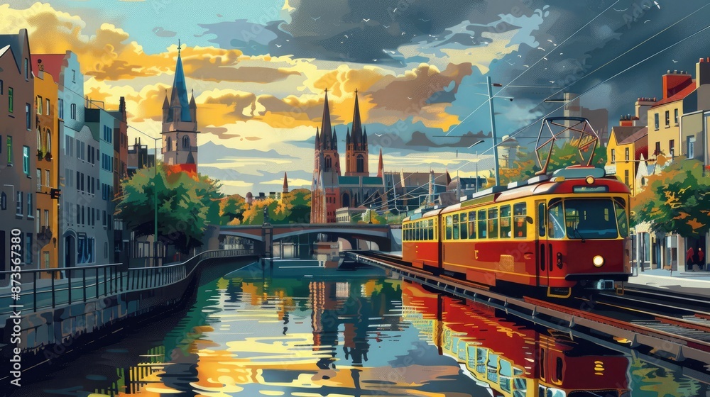 Φωτογραφία Vintage travel poster of Dublin, flat design of Trinity College, historic libra